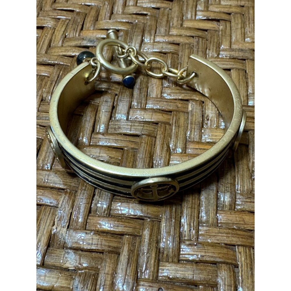Vintage 80's Open Cuff Nautical Bracelet Gold Tone And Bluem Enamel
